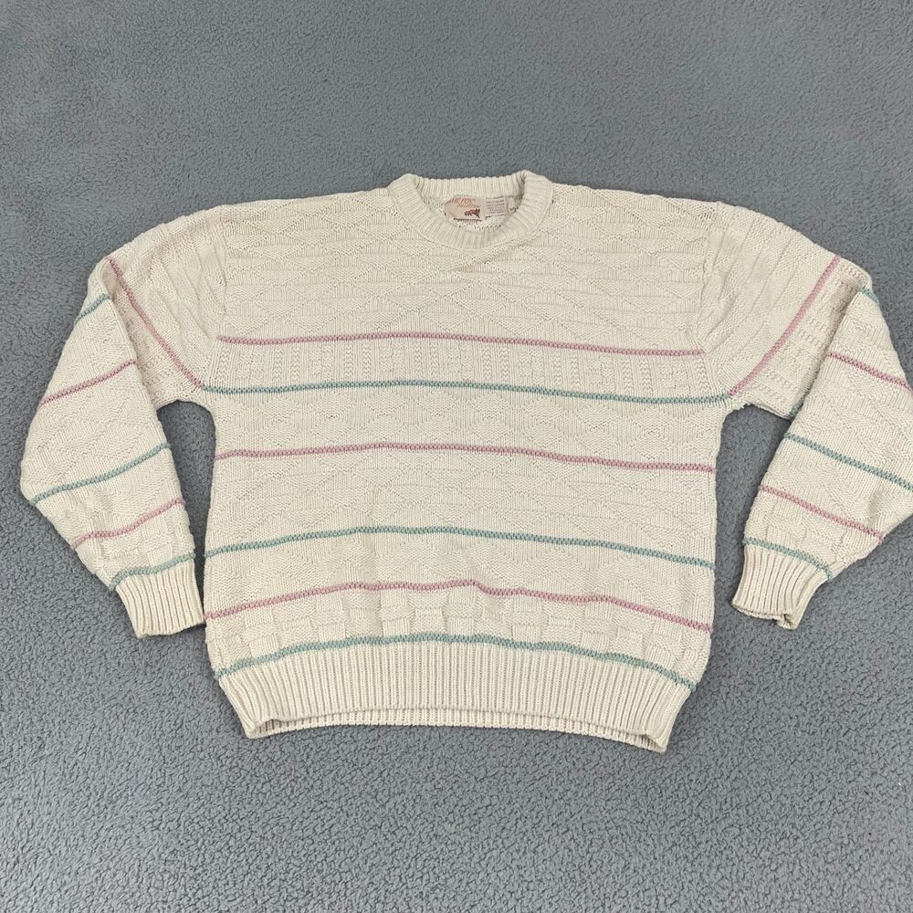 Vintage The Fox Collection Sweater Men LT Cream Pastel Striped Knit Crewneck